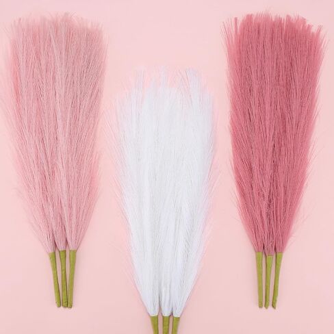 9 Pcs 45" Pampas Grass Tall Pink White Decor Faux Dried Fluffy Fake Long Light Pink Pompas Artificial Pompous Stems Bouquet Flower Vase Filler Home Wedding Room Wall Decoration in Kuwait
