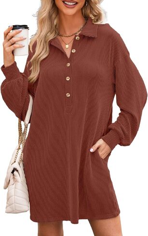 فستان AlvaQ نسائي طويل الأكمام فضفاض بأزرار أمامية وياقة ومضلعة مع جيوب in Kuwait