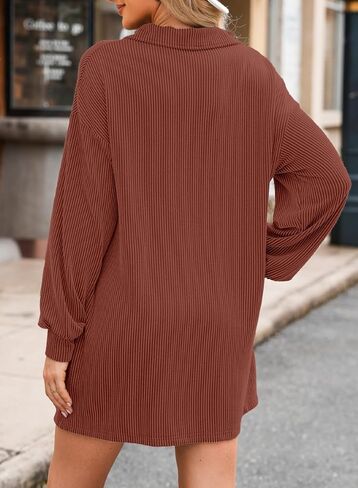 فستان AlvaQ نسائي طويل الأكمام فضفاض بأزرار أمامية وياقة ومضلعة مع جيوب in Kuwait