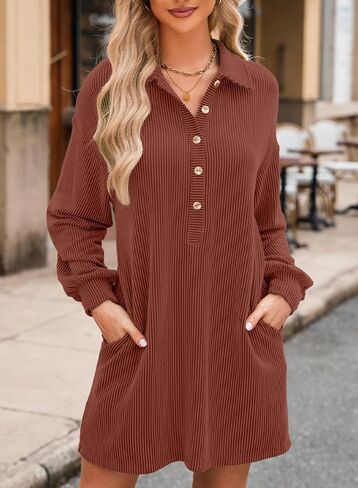 فستان AlvaQ نسائي طويل الأكمام فضفاض بأزرار أمامية وياقة ومضلعة مع جيوب in Kuwait