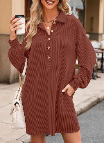 فستان AlvaQ نسائي طويل الأكمام فضفاض بأزرار أمامية وياقة ومضلعة مع جيوب in Kuwait