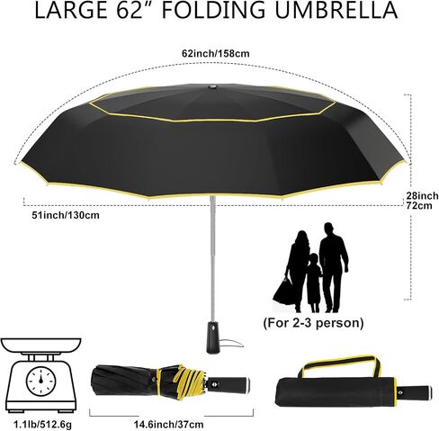 Satol Extra Large Golf Umbrella 62 Inch - Windproof 10 Ribs Vented Double Canopy Reflective Strips Automatic Open/Close UV Protection Lightweight & Compact for Outdoor & Travel (Blue) in Saudi Arabia