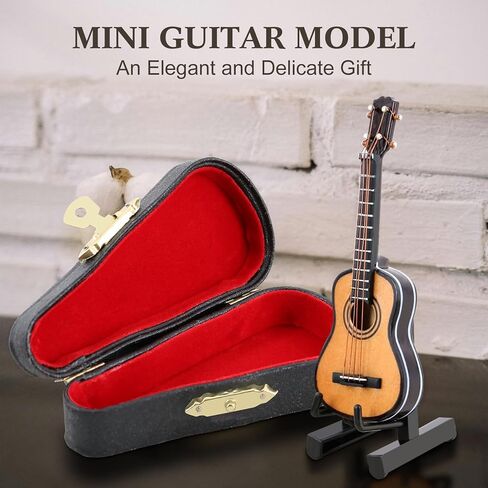 EASTROCK Miniature Guitar Model, 3.15in Mini Wooden Guitar Musical Instrument Model with Stand and Black Leather Case, Mini Ornaments Craft Decor for Home Office Birthday Gift in Kuwait