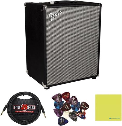 مضخم صوت Fender Rumble™ 500 Bass Combo، 120 فولت، أسود وفضي، حزمة 2370600000 مع كابل أدوات "منسوج أسود" PCH10BK، حزمة من 12 ريشة جيتار وقطعة قماش سائلة لتلميع الصوت in Saudi Arabia