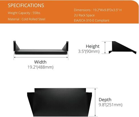 2U Cantilever Center Mount Server Rack Shelf 20inch Deep - Vented Rack Mount Tray for 19inch Network Equipment Rack & Cabinet - Weight Capacity 110lb, Black in Saudi Arabia