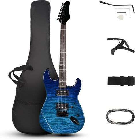 Ktaxon 39 Inch Electric Guitar, Full Size Solid Body H-H Pickups 6 Strings Beginner Guitar Kit With Gig Bag, Strap, Tremolo Arm, Cable & Picks (Black Back) in Kuwait