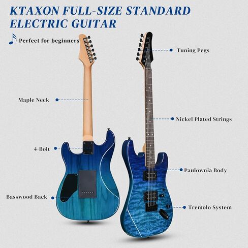 Ktaxon 39 Inch Electric Guitar, Full Size Solid Body H-H Pickups 6 Strings Beginner Guitar Kit With Gig Bag, Strap, Tremolo Arm, Cable & Picks (Black Back) in Kuwait