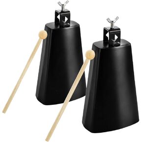 2 Pack Metal Steel Cow Bells, 7 Inch Cowbell Noise Makers with Handle Stick, Hand Percussion Music Cowbell for Drumset Cheering Wedding Football Sport Games