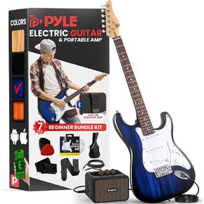 Pyle Full Size Electric Guitar Kit with 5W Amplifier, Gig Bag, Picks, Spare Strings, and Strap, ST-Style Beginner Guitar Bundle with 22 Frets, Paulownia Wood Body, Natural Burst