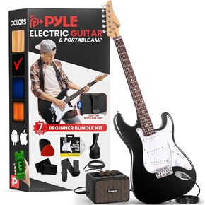 Pyle Full Size Electric Guitar Kit with 5W Amplifier, Gig Bag, Picks, Spare Strings, and Strap, ST-Style Beginner Guitar Bundle with 22 Frets, Paulownia Wood Body, Natural Burst