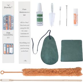 Flute Cleaning Care Kit: Mouthpiece&Dust Brush,Cleaning Cloth, Cotton Swabs, Cleaning Brush, Cork Grease, Key Oil, Cleaning Rod–Professional Flute Cleaning Kit for All Musicians or Students