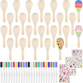 PLULON 15 Pcs Mini Wooden Maracas for Kids Unfinished Wood Maracas Bulk with 15 Pcs Colorful Painting Tools for Fiesta Party Decorations Mexican Party Favors Cinco De Mayo Party Supplies