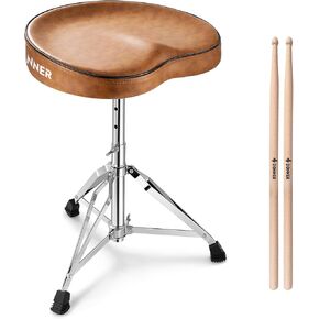 Donner Saddle Drum Throne, Height Adjustable Padded Seat Drum Stool for Adults and Kids, 5A Drumsticks Included, with Double Braced Legs Rubber Feet, Brown