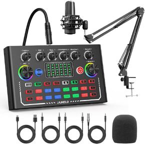 Podcast Equipment Bundle, Studio Equipment Kit with Voice Changer, Condenser Microphone, Mic Arm, OTG, Audio Mixer Sound card for Phone/PC/Laptop, Perfect for Recording Broadcast Streaming Gaming