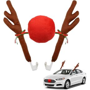 Abnaok Car Reindeer Antler Kit and Nose, Reindeer Christmas Decoration for Car Window Roof-Top & Front Grille,Christmas Reindeer Antlers Auto Decoration Set for Car SUV Van Truck