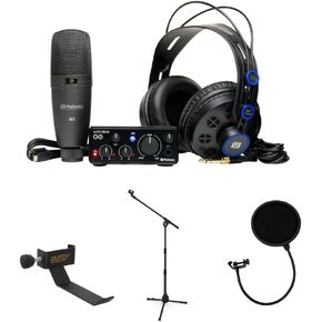 حزمة تسجيل الأجهزة/البرامج من PreSonus AudioBox Go Creator مع مشبك Auray COHH-2 على حامل سماعة الرأس لحامل الميكروفون، حامل ميكروفون بارتفاع قابل للتعديل من Kellards PST2 مع ذراع الرافعة وفلتر البوب in Kuwait