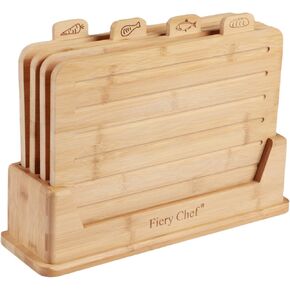 Small Bamboo Cutting Board Set of 4 - Wood Cutting Board Set with Holder, Chopping Boards Set with Food Icons, Juice Groove - Ideal for Meat, Fish, Bread, Vegetable, Fruit Chopping