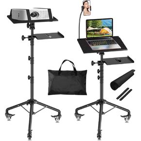 Projector Stand with Wheels, Laptop Tripod Stand with Mouse Tray & Bag, Height Adjustable 26 to 49 Inch Projector Tripod Stand with Gooseneck Phone Holder for Projector, Laptop, DJ, Sheet Music