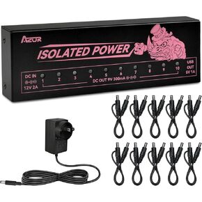 AZOR Guitar Pedal Power Supply 10 Isolated DC Output for 9V (300mA) Effect Pedal Board, with 5V/1A USB Port