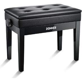 Donner Adjustable Piano Bench with Storage, Solid Wood Keyboard Bench Wooden Piano Bookcase Stool Chair Seat with High-Density Sponges Cushion, Black