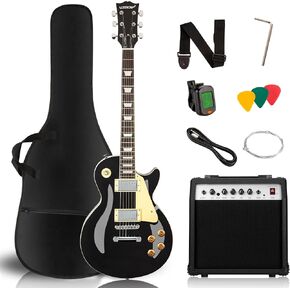 LP Electric Guitar Beginner Kit with 20W Amp & All Starter Accessories, Solid Body, Mahogany Wood - Black