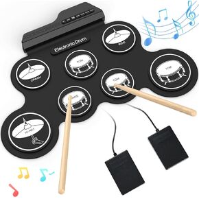 Rocktata® Electronic Drum Set, 7 Pad Roll-up Drum Kit with Headset Jack, Pedals, Drumsticks, Portable Kids Drum Set Practice Pad for Beginner (No Built-in Speaker)