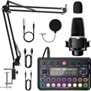 SINWE Podcast Equipment Bundle,Audio Interface with Studio Condenser Microphone for Smartphone & PC,Plug-and-Play Live Sound Card,Perfect for Streaming, Singing, YouTube & Gaming