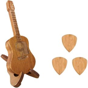 Wooden Guitar Pick Box with Stand, Mini Guitar Shaped Pick Holder with 3PCS Guitar Picks, Engraved Guitar Pick Holder, Guitar Pick Case for Guitar Bass Player Lovers
