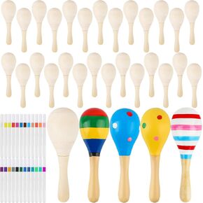 32 Pcs DIY Mini Wood Maracas Painted Wooden Maracas Unfinished Wood Maracas with 24-Colors of Acrylic Markers for Mexican Fiesta Cinco De Mayo Party Favors Decorations