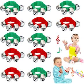 12 Pcs Christmas Wrist Jingle Bells,Bracelets Hand Bell Band Instrument Percussion Musical Ankle Bell for Kids,Party Favors,Green Red