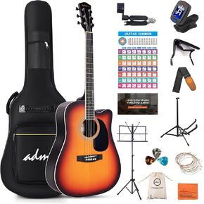 ADM Dreadnought Acoustic Guitar Kit with Free Lesson for Beginner Adult Teen Full Size Acustica Guitarra Starter Bundle Set with Bag Strap Tuner Capo Pickguard Music Stand, Right Hand(Grey, 41 Inch)