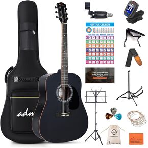ADM Dreadnought Acoustic Guitar Kit with Free Lesson for Beginner Adult Teen Full Size Acustica Guitarra Starter Bundle Set with Bag Strap Tuner Capo Pickguard Music Stand, Right Hand(Grey, 41 Inch)
