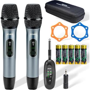 Wireless Microphone Set for Singing, Speeches & Events, 2.4GHz Dual-Mic Receiver, 200ft, Storage Bag Included, Metal Cordless Mic 2 Pack for Karaoke Machines, PA Systems, Mixer & More, Gray-Blue
