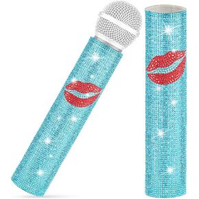 Facmogu Silver Rhinestones Microphone Cover, Red Lips Glitter Decor Cover Sleeve for Universal Mics, Sparkly Bedazzled Rhinestone Mic Cover Cordless Handheld Shining on Tours & Show - Mic Not Included