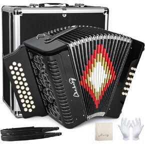 Accordion, 31-key 12-bass accordion, push-pull heterophonic accordion, G/C/F tone adult accordion with carrying case, strap, gloves, wipe (Gray)