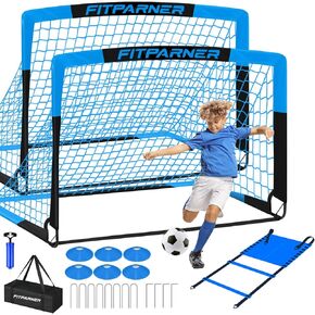 Soccer Goals for Backyard Set - 2 Set of 5X3.6 ft Portable Pop Up Soccer Nets - Indoor or Outdoor Folding Soccer Training Equipment with 20 ft Agility Ladder, Soccer - Great for Kids and Adults Games