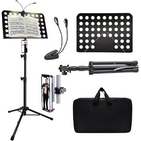 70" Sheet Music Stand with Light & Phone Holder, Portable Music Stand for Sheet Music High Stability, Height Adjustable Music Sheet Stand with Carrying Bag, Music Book Holder（33-70inch