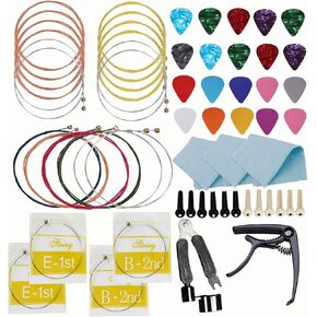 Guitar Strings Guitar Accessories Kit Including Acoustic Guitar Strings, Picks, Capo, String Winder, Guitar Bones, Pin Puller, Acoustic Guitar E, B Strings, Guitar Cleaning Cloth - 59 Pcs