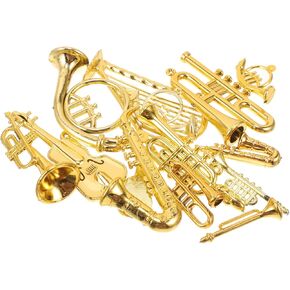 14pcs Christmas Miniature Instruments Model: Acrylic Gold Trumpet Saxophone Christmas Tree Hanging Decor for Festival