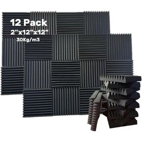 12 Pack Acoustic Foam Panels 1“ x 12" x 12" Sound Proof Foam Panels Soundproofing and Noise Reducing Wedge Panels for Studios, Offices, and Homes with 300PCS Double Sided Adhesive -（Black）