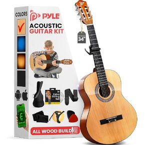 Pyle Beginner Acoustic Guitar Kit, 4/4 Full Size All Wood Build Nylon String Instrument with Capo, Strap, Extra String Set, Gig Bag, Guitars for Beginners Adults Youth, 39" Natural Gloss