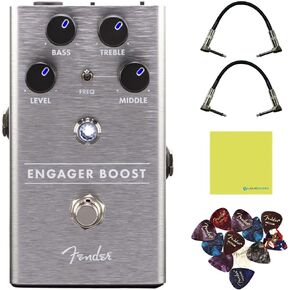 Fender Engager Boost Effects Pedal Bundle w/2x Strukture S6P48 Woven Right Angle Patch Cables, 12x Guitar Picks and Liquid Audio Polishing Cloth