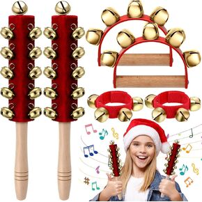 Boao 6 Pcs Christmas Hand Jingle Bells Wooden Handle Sleigh Bells Wrist Band Bells Sleigh Bells Instrument Shaker Rattle Musical Percussion for Xmas Party Favors(Red and Green)