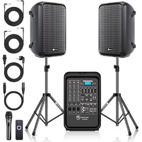 Professional Portable All-in-One 2-Way PA System Suitcase-Style Design with 8-Channel Mixer and 2X Speaker Stands,Bluetooth, Microphone, Remote Control for Performances, Presentations