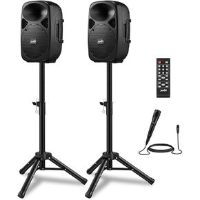 Moukey PA System, 8 Inch DJ Speakers 800W Peak with Rechargeable Battery, Bluetooth 5.0, Active & Passive Powered PA Speakers with USB/TF/FM/AUX/Mic Inputs, 2 Tripod Stands, Wired Mic, Remote