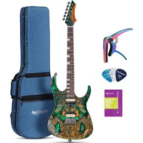 Leo Jaymz Electric Guitar Hurricane Deluxe Series, Burl Top, Mahogany Body, Roasted Maple Neck, Rosewood Fretboard, Locking Tuners, Rounded Frets, Case and Capo (Green Deluxe)
