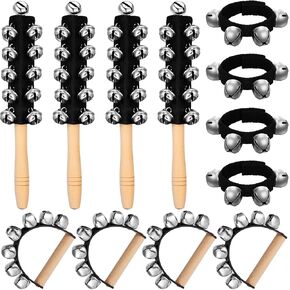 12 PCS Christmas Hand Jingle Bells Wooden Handle Bells Wrist Band Shaking Bells Stick Musical Percussion Instrument Bells for Xmas Holiday Music Enlightenment Birthday Party Favors (Black)