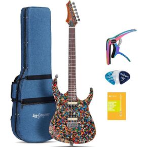 Leo Jaymz Electric Guitar Monsoon Deluxe Series, Reverse Headstock, Burl Top, Mahogany Body, Roasted Maple Neck, Rosewood Fretboard, Case and Capo (Green Colorful Deluxe)