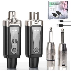 Wireless XLR Transmitter and Receiver and Guitar Transmitter Receiver Mic Adapter 16 Channels 196ft Range for Dynamic Microphone Audio Mixer Electric Guitar Bass (with gold plated)