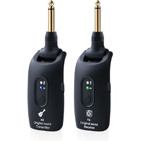 A9 Wireless Guitar System - 2.4GHz Guitar Accessories Transmitter Receiver, 24-bit 48KHz Audio, 100ft Range, No Latency, 4-Hour Rechargeable Battery, 6.5mm & 3.5mm Jack for Electric Guitar Bass,Black